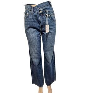 PISTOLA Bobbie Mid Dk Blue Rise Wide Leg Straight Jean Womens 26X27 Assymetric